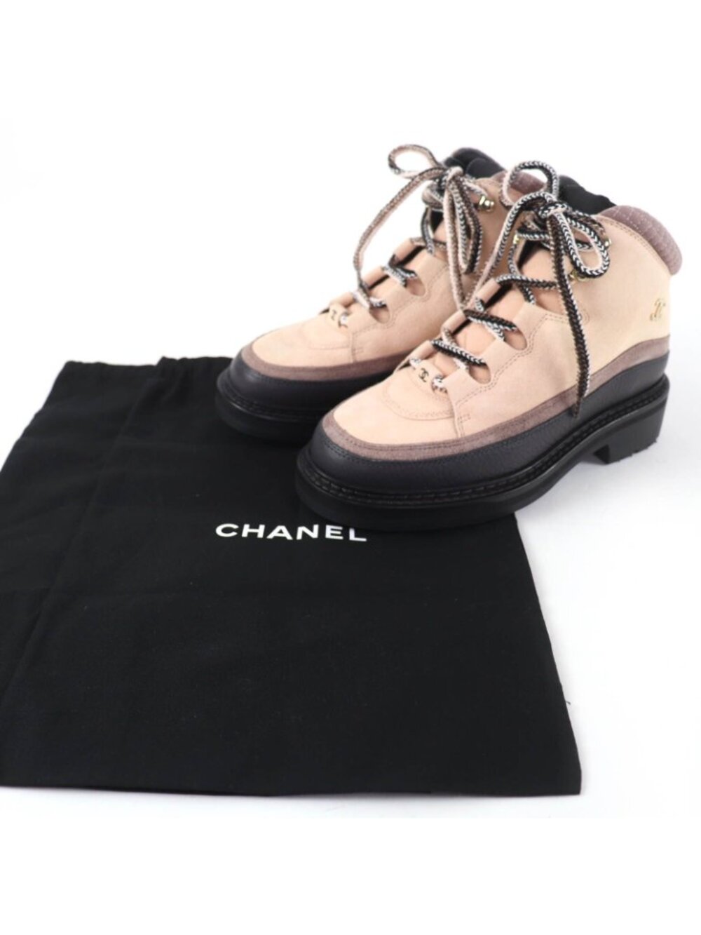Chanel CC Logo Lace Up Suede Leather High Cut Sneakers Trekking Boots Pink - Picture 2 of 13